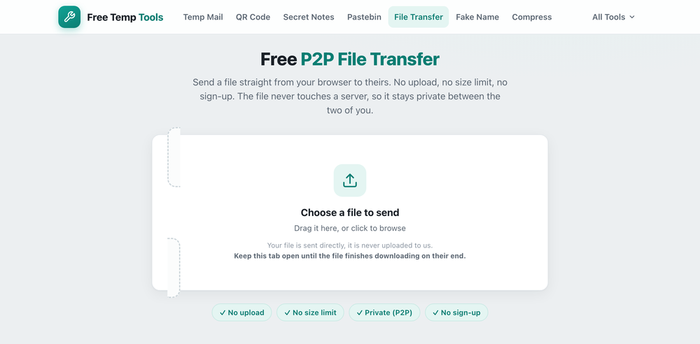 The Free Temp Tools P2P file transfer tool, showing the drop zone to send a file browser to browser