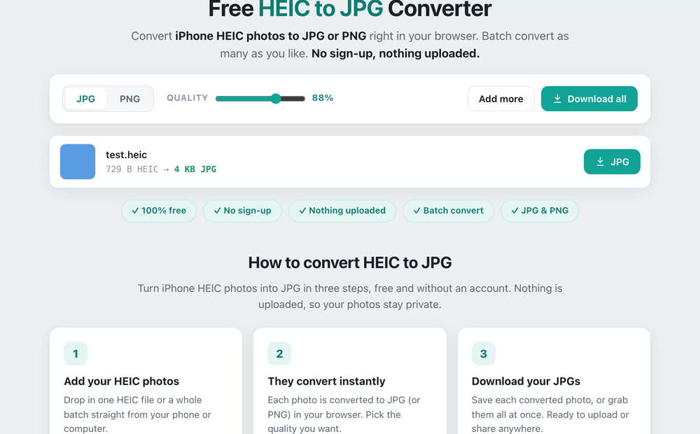 The Free Temp Tools HEIC to JPG converter turning an iPhone HEIC photo into a JPG