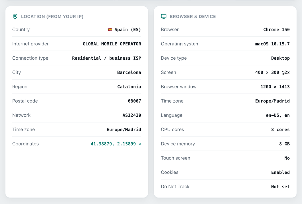 The Free Temp Tools browser and device details card, showing browser, operating system, screen resolution, time zone, language, cookies and more