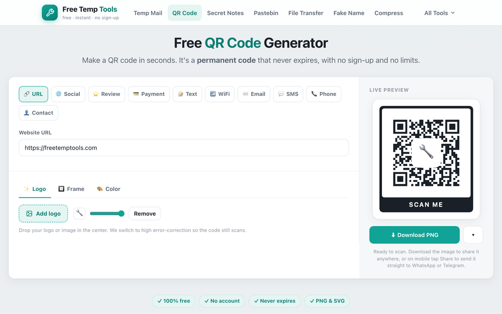 Adding a coffee shop brand logo to the center of a QR code, with a size slider, in the Free Temp Tools QR generator