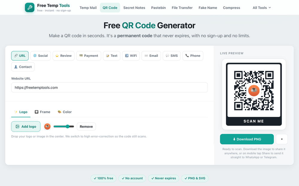 Adding a coffee shop brand logo to the center of a QR code, with a size slider, in the Free Temp Tools QR generator