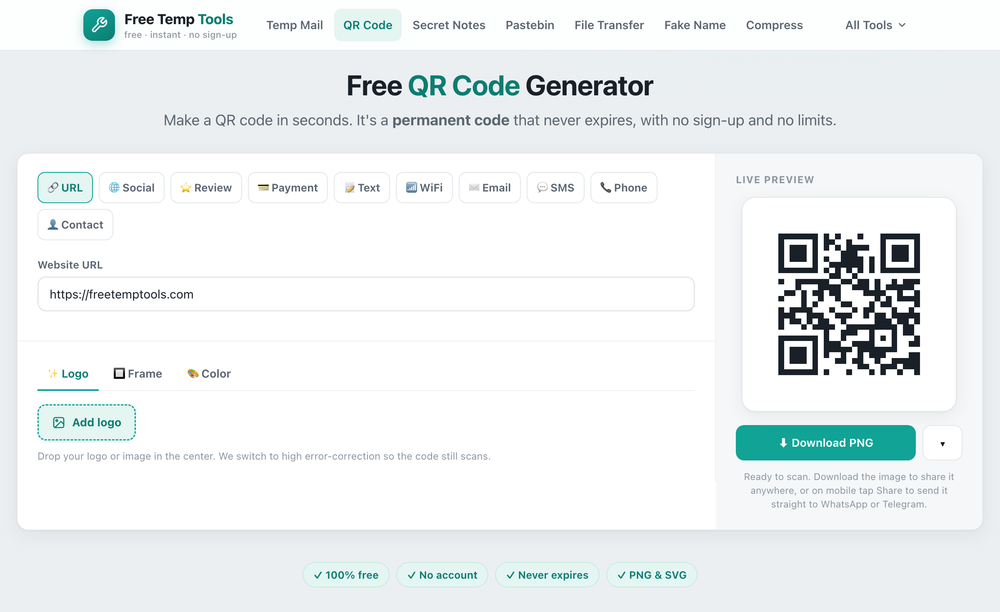 The Free Temp Tools QR code generator with a live QR code preview and a download button