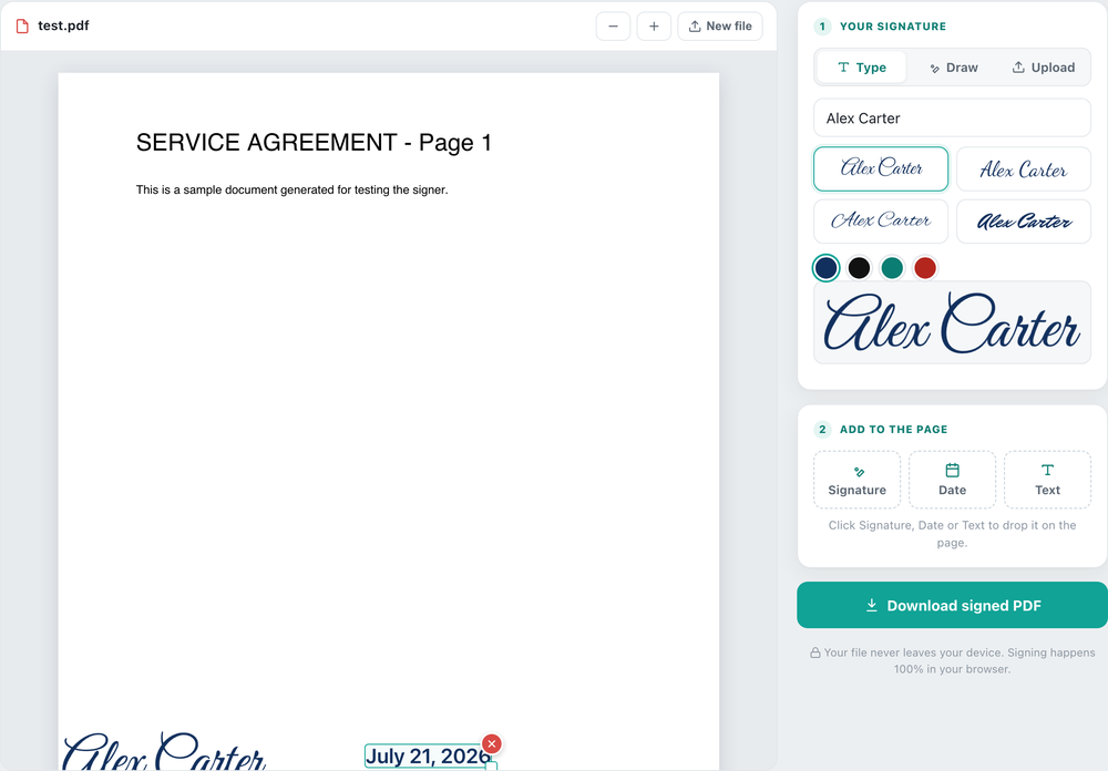 Signing a PDF online with Free Temp Tools: a contract with a typed signature and date placed on the signature line