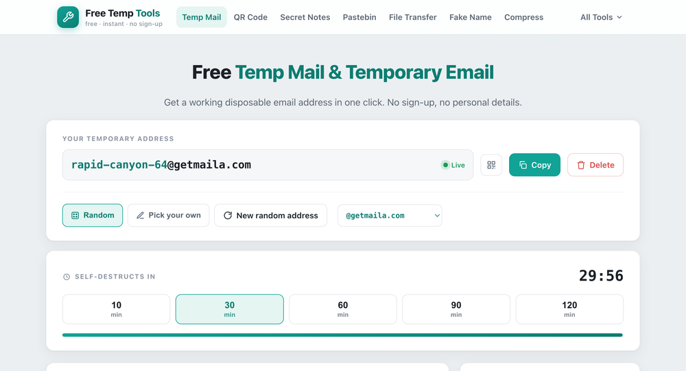The Free Temp Tools temp mail tool showing a disposable email address and a self-destruct timer