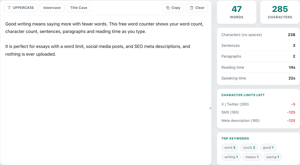 The Free Temp Tools word counter showing words, characters, sentences, paragraphs and reading time